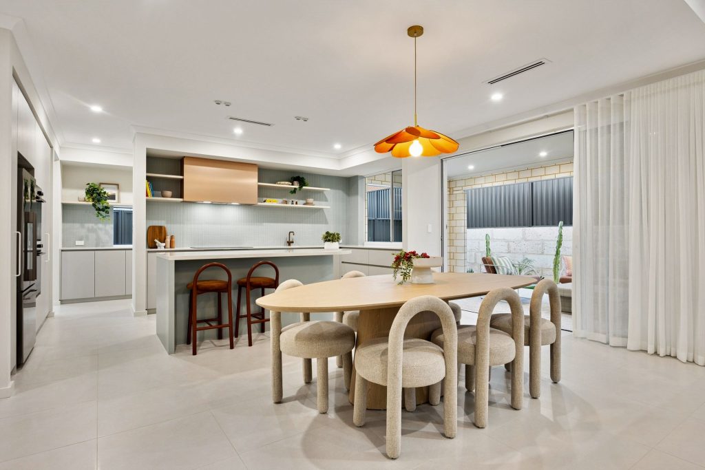 Open planned living area in display home in Perth