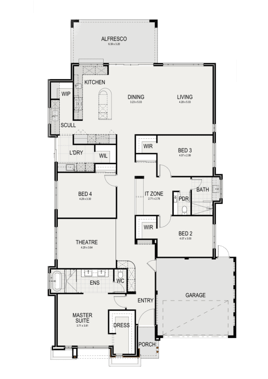 Modern home design with 4 bedrooms, 2 bathrooms, open living spaces, alfresco area, theatre room, and double garage for comfortable living.